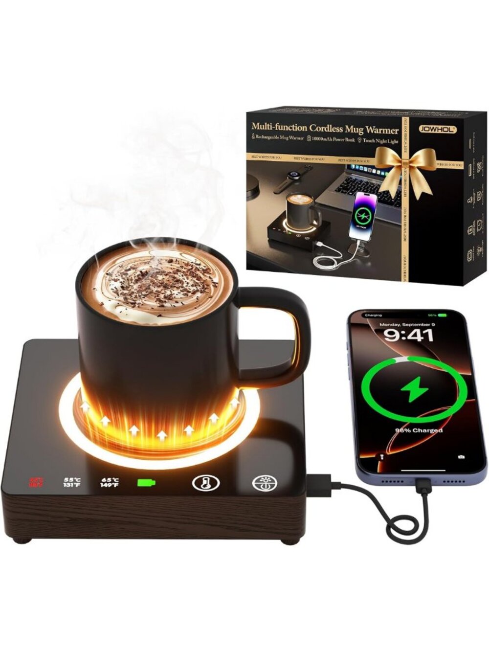 Portable Mug Warmer & Charger, 3 Temp Settings, Smart Heat Plate for Home